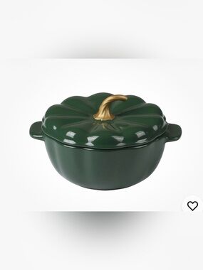 The Pioneer Women Dark Green Pumpkin Ceramic Casserole cocotte Gold Stem Lid new